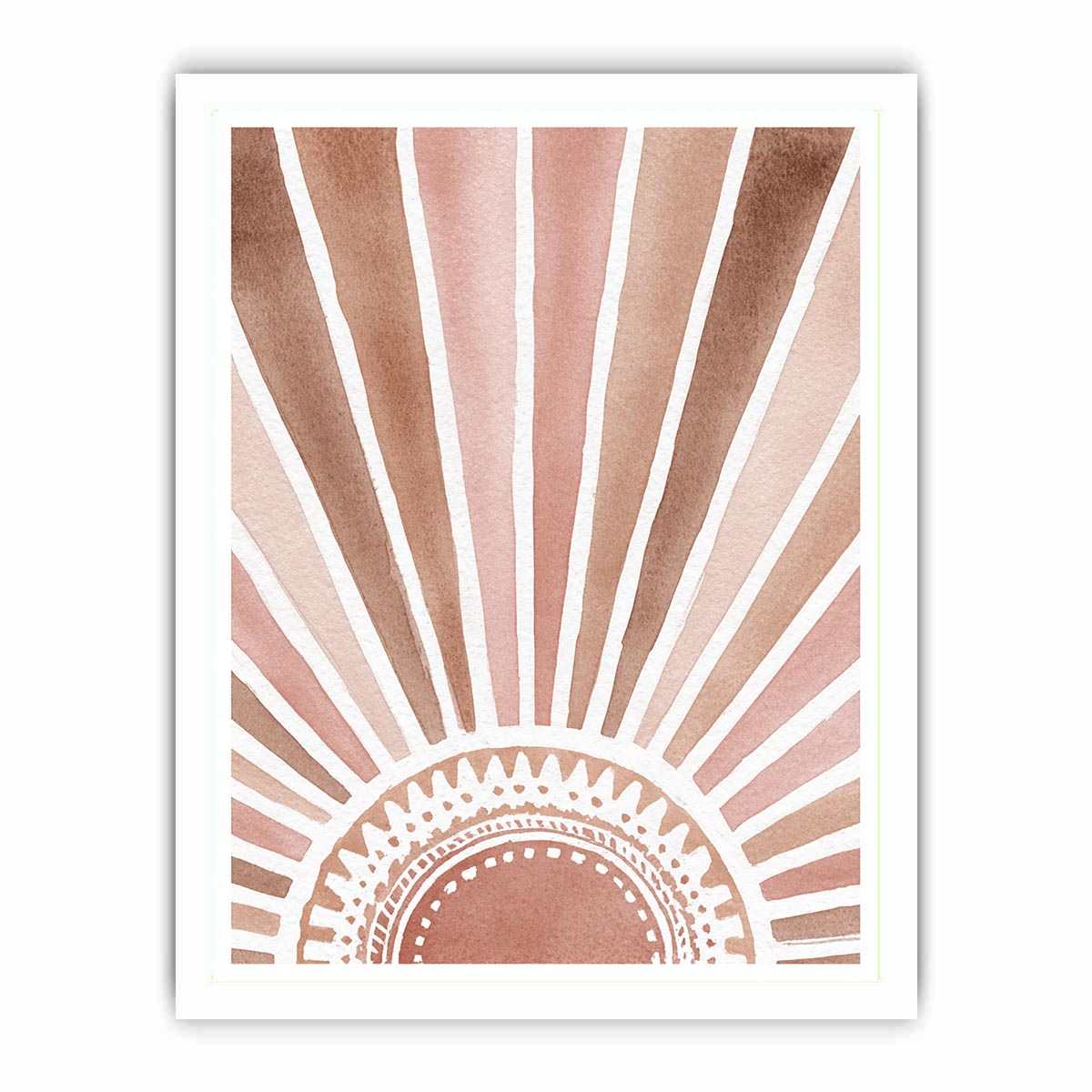 Watercolor boho sunburst canvas art in terracotta and blush for entryway decor.