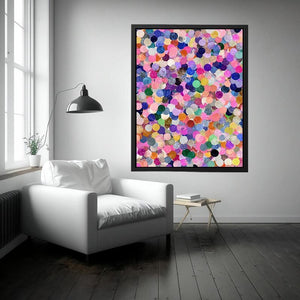 Colorful confetti abstract canvas art with circles for creative office or kids room decor.