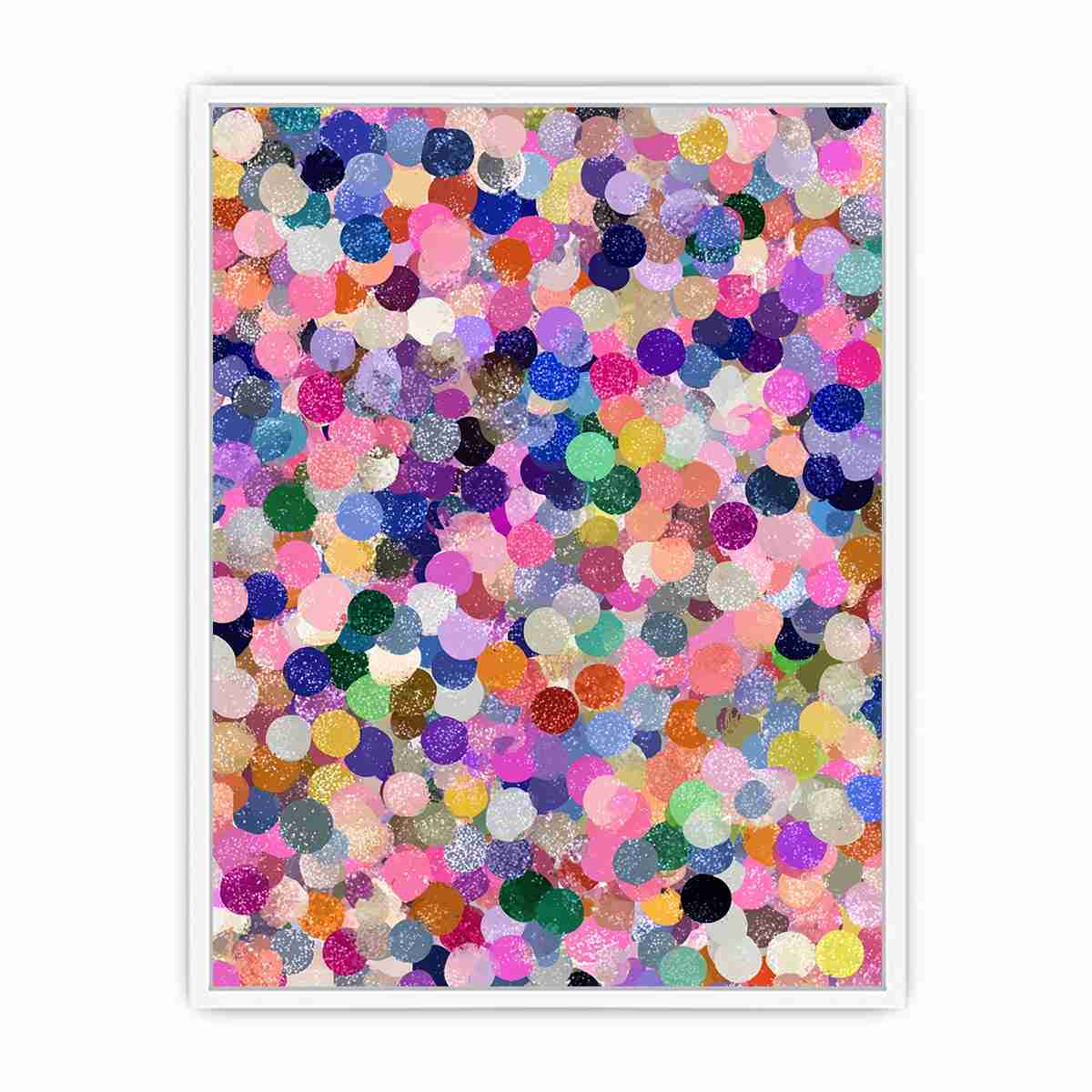 Colorful confetti abstract canvas art with circles for creative office or kids room decor.