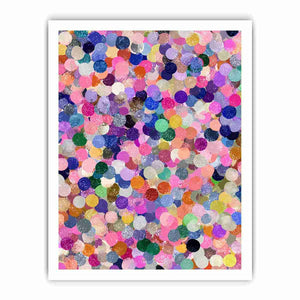 Colorful confetti abstract canvas art with circles for creative office or kids room decor.