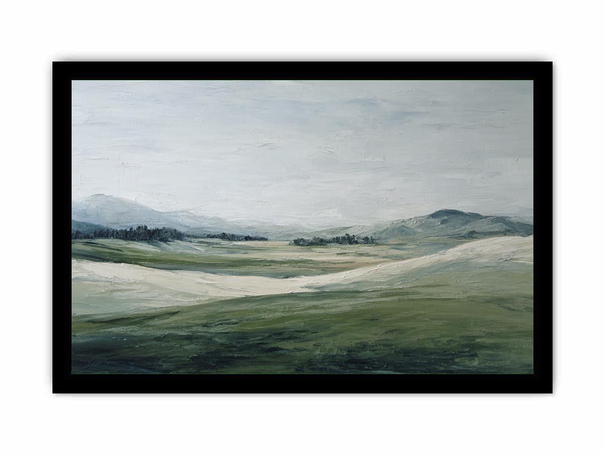 Soft green landscape canvas art with misty hills for modern living room decor.