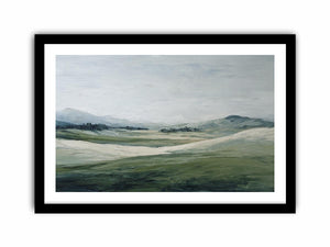 Soft green landscape canvas art with misty hills for modern living room decor.