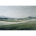 Soft green landscape canvas art with misty hills for modern living room decor.