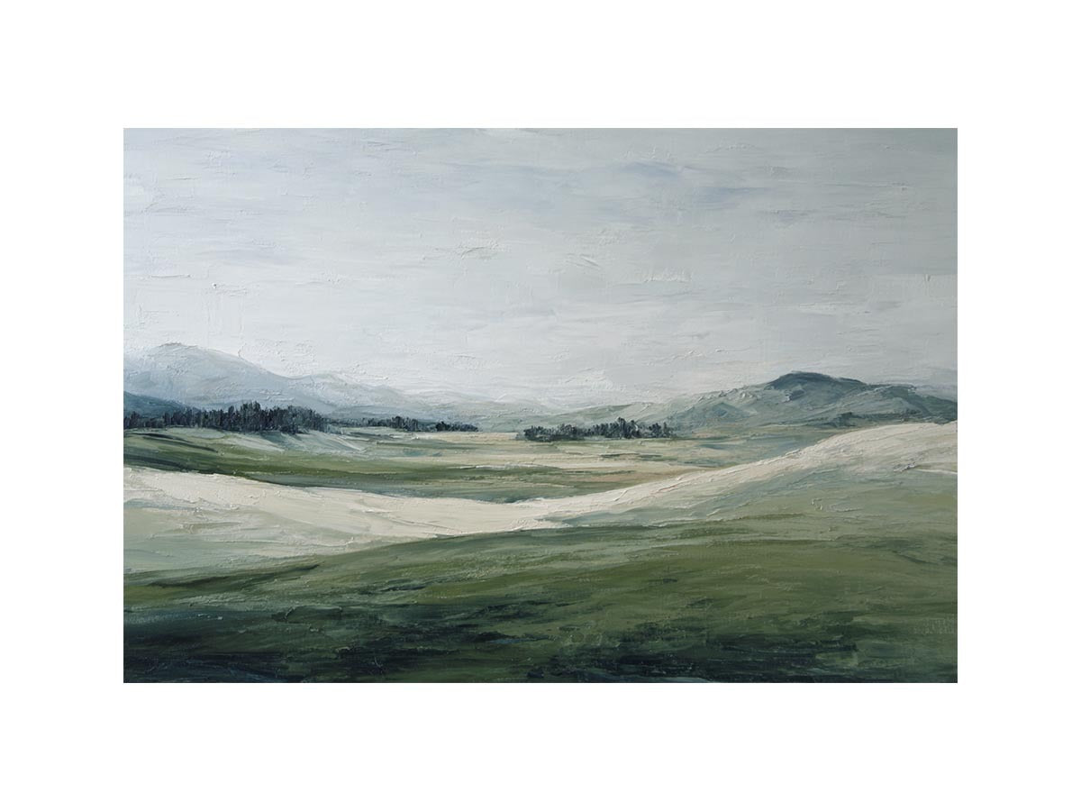 Soft green landscape canvas art with misty hills for modern living room decor.