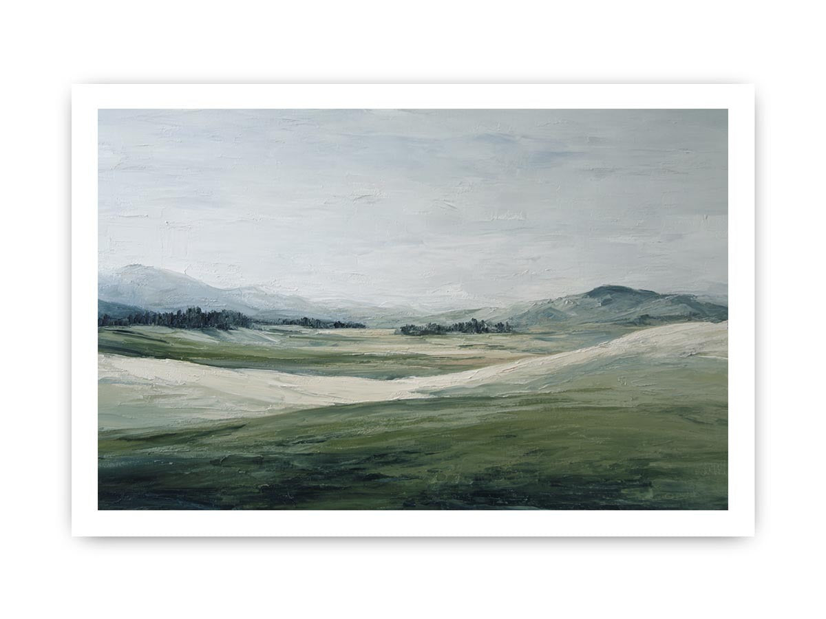 Soft green landscape canvas art with misty hills for modern living room decor.