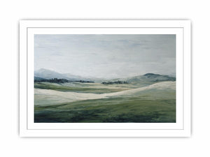 Soft green landscape canvas art with misty hills for modern living room decor.
