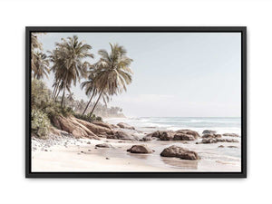 Coastal palm beach canvas photography with ocean and rocks for serene bedroom decor.