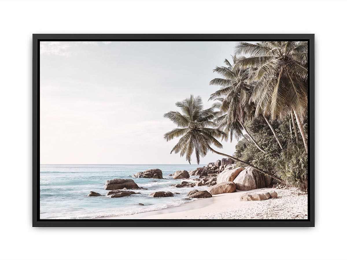 Tropical coastal palm tree canvas photography for light modern living room decor.