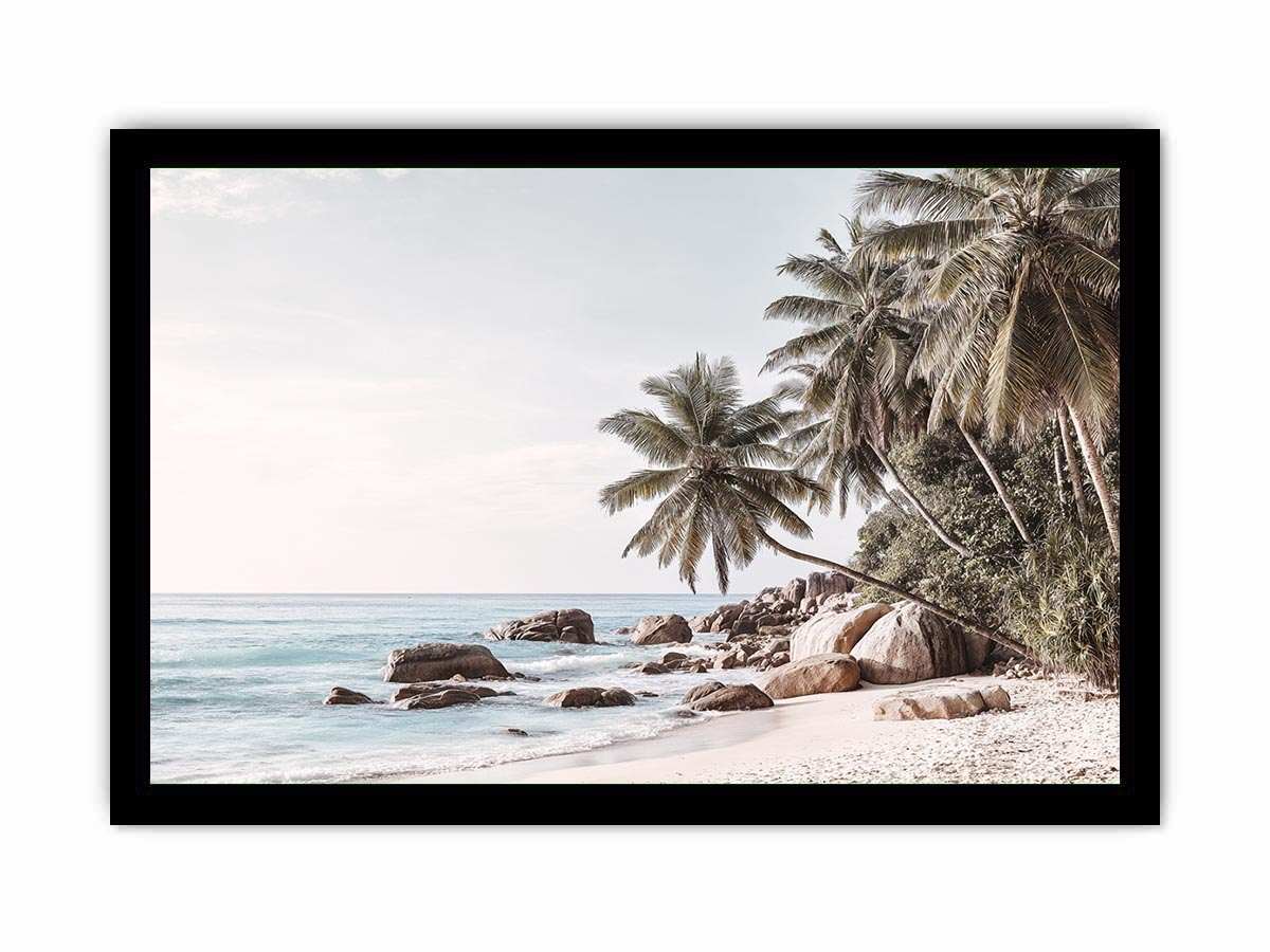 Tropical coastal palm tree canvas photography for light modern living room decor.