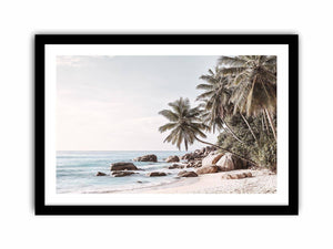 Tropical coastal palm tree canvas photography for light modern living room decor.