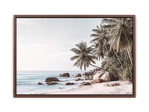 Tropical coastal palm tree canvas photography for light modern living room decor.