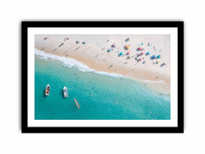 Aerial turquoise beach canvas photography with boats and umbrellas for coastal decor.