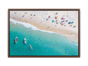 Aerial turquoise beach canvas photography with boats and umbrellas for coastal decor.