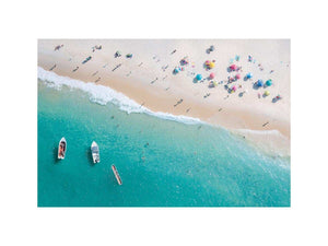 Aerial turquoise beach canvas photography with boats and umbrellas for coastal decor.