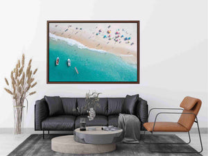 Aerial turquoise beach canvas photography with boats and umbrellas for coastal decor.