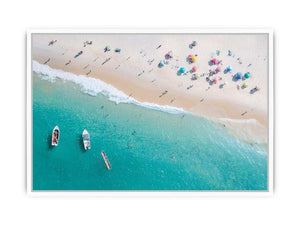 Aerial turquoise beach canvas photography with boats and umbrellas for coastal decor.