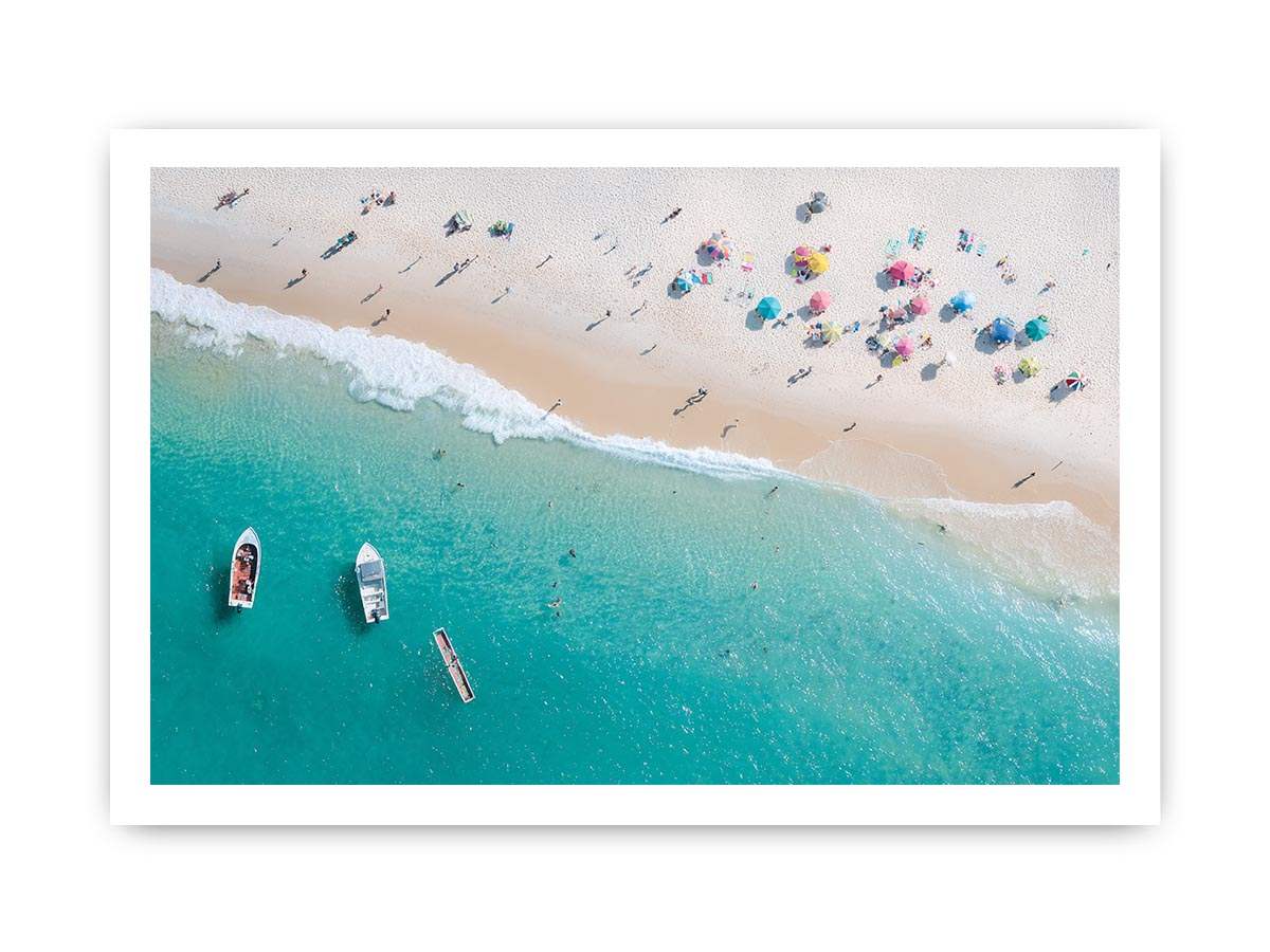 Aerial turquoise beach canvas photography with boats and umbrellas for coastal decor.