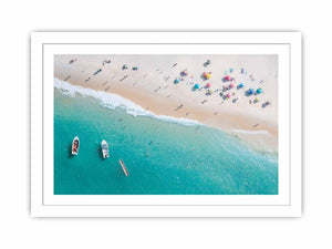 Aerial turquoise beach canvas photography with boats and umbrellas for coastal decor.