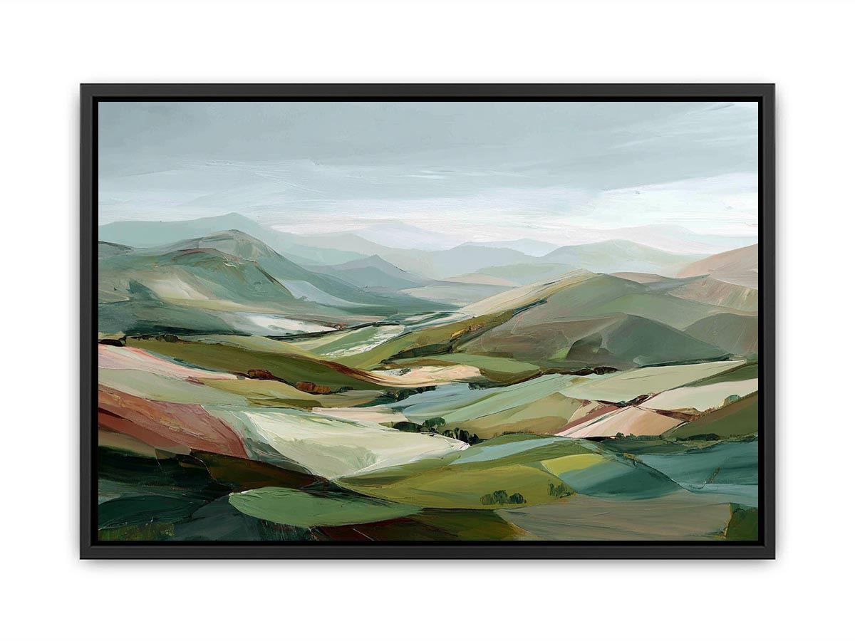 Sage green mountain landscape canvas art for calm modern living room decor.