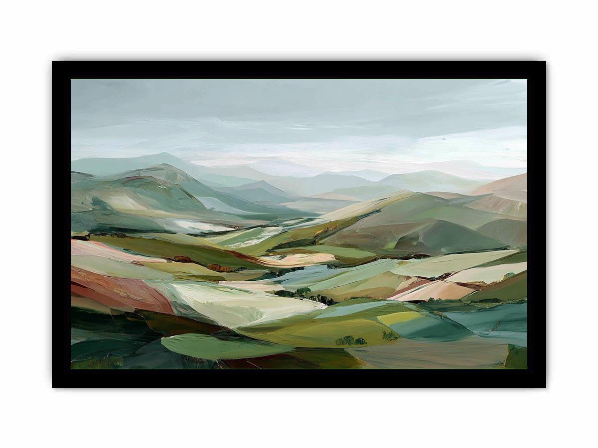 Sage green mountain landscape canvas art for calm modern living room decor.