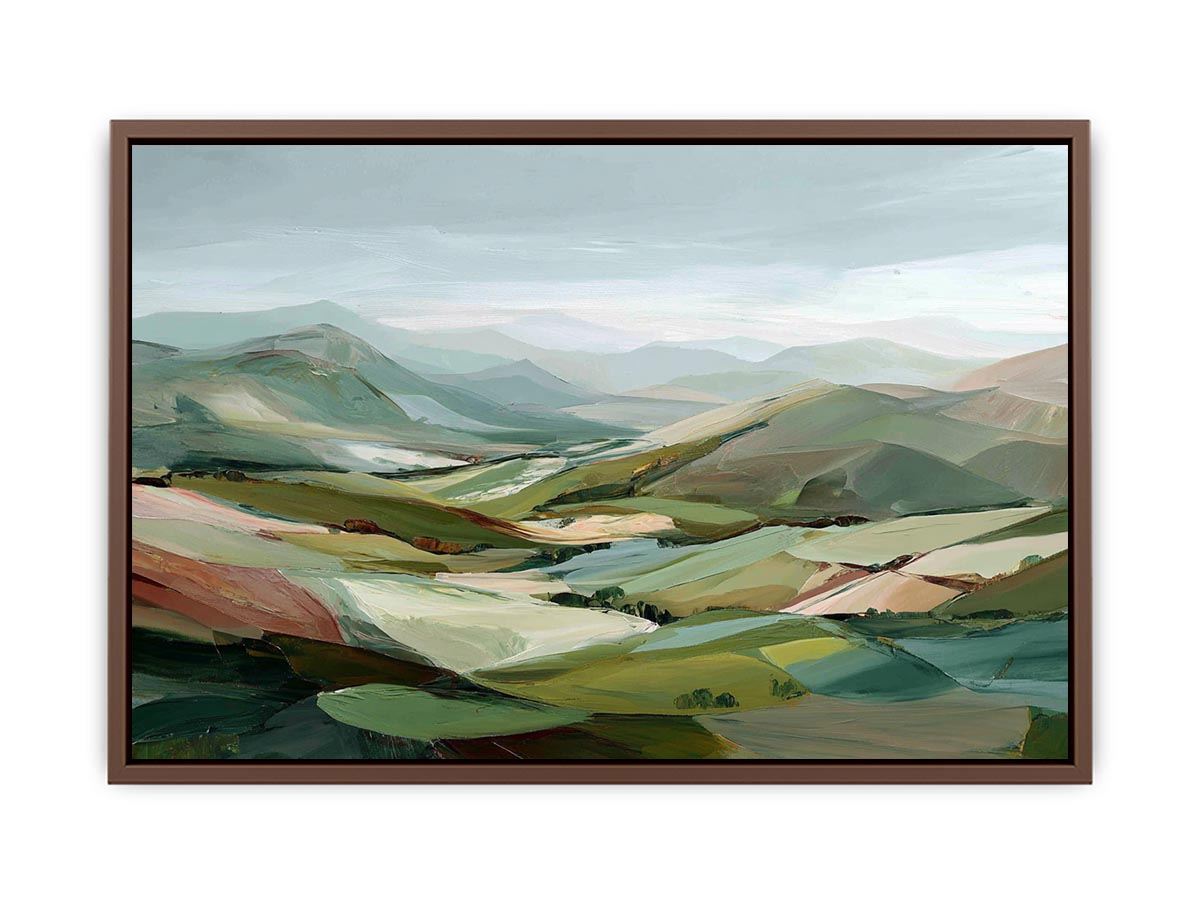 Sage green mountain landscape canvas art for calm modern living room decor.