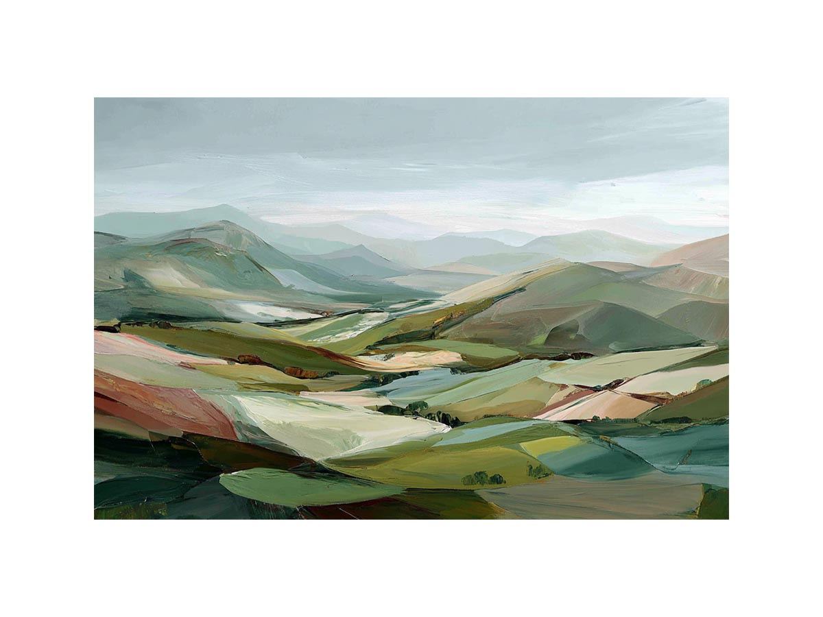 Sage green mountain landscape canvas art for calm modern living room decor.