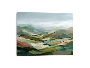 Sage green mountain landscape canvas art for calm modern living room decor.