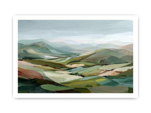 Sage green mountain landscape canvas art for calm modern living room decor.