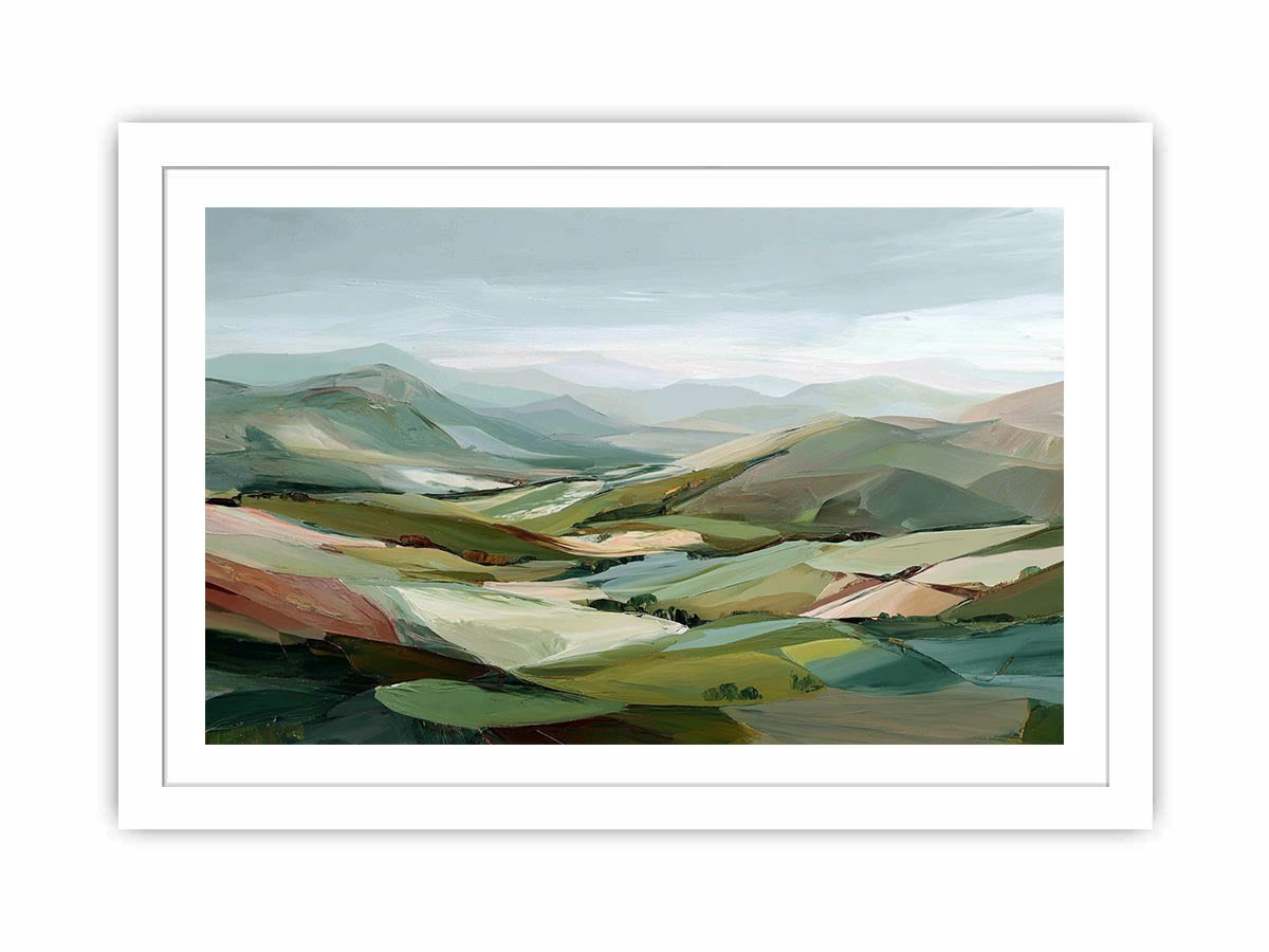 Sage green mountain landscape canvas art for calm modern living room decor.