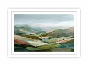 Sage green mountain landscape canvas art for calm modern living room decor.