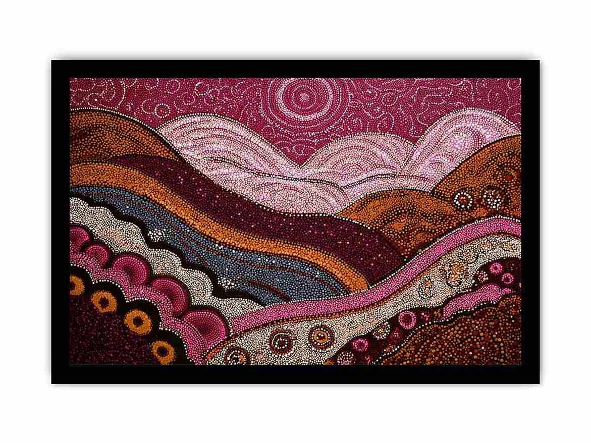 Dotted desert landscape canvas art with magenta hills for bold living room decor.