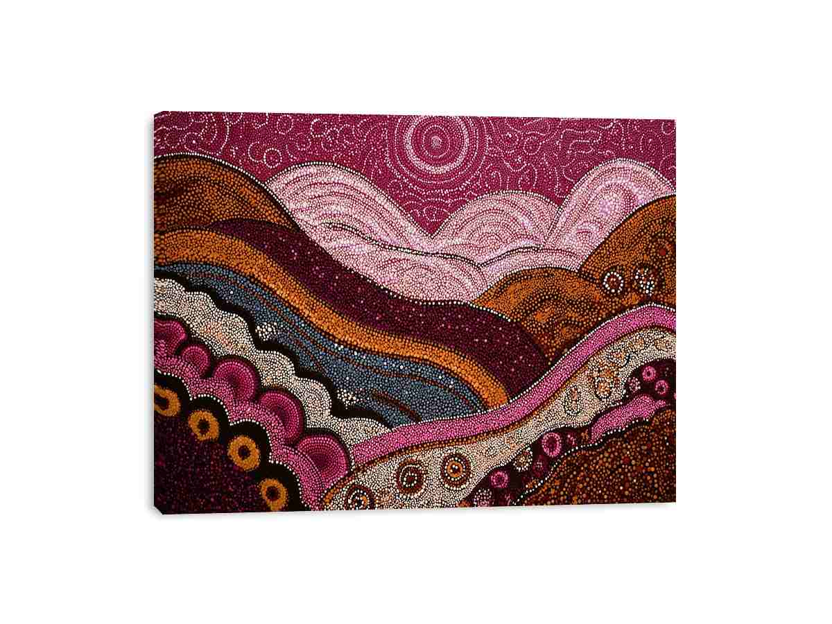 Dotted desert landscape canvas art with magenta hills for bold living room decor.