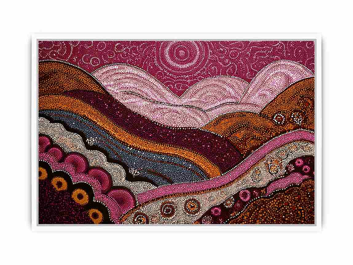 Dotted desert landscape canvas art with magenta hills for bold living room decor.