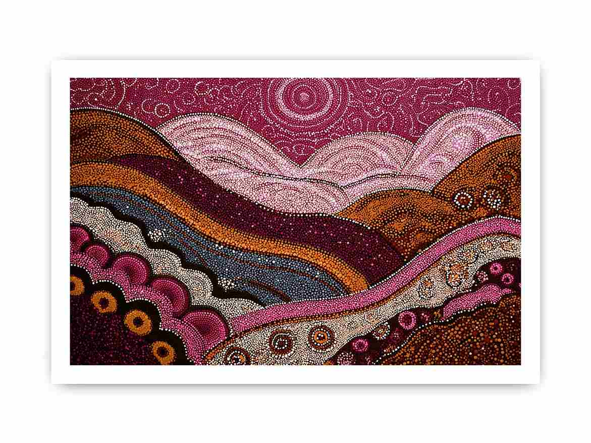 Dotted desert landscape canvas art with magenta hills for bold living room decor.