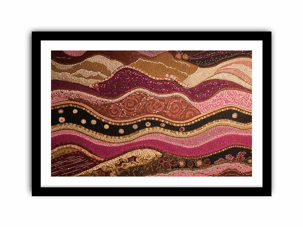 Earthy dotted abstract canvas art with flowing brown and magenta bands for living room decor.