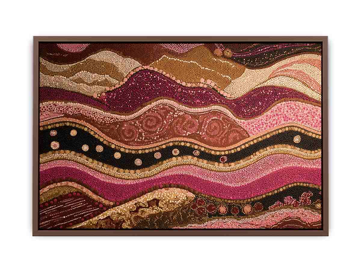 Earthy dotted abstract canvas art with flowing brown and magenta bands for living room decor.
