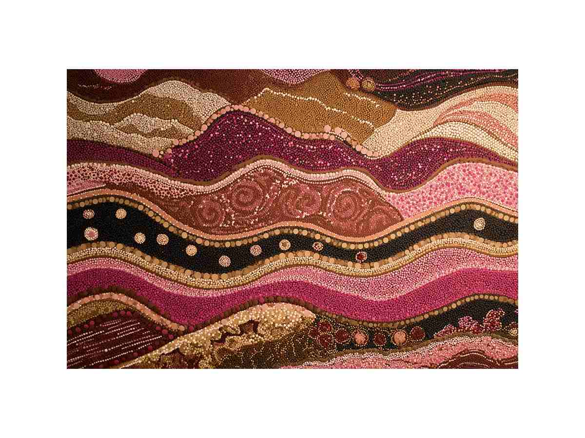 Earthy dotted abstract canvas art with flowing brown and magenta bands for living room decor.