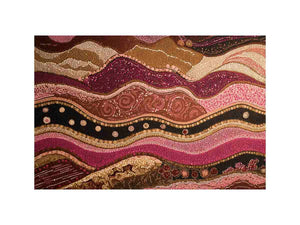 Earthy dotted abstract canvas art with flowing brown and magenta bands for living room decor.