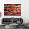 Earthy dotted abstract canvas art with flowing brown and magenta bands for living room decor.
