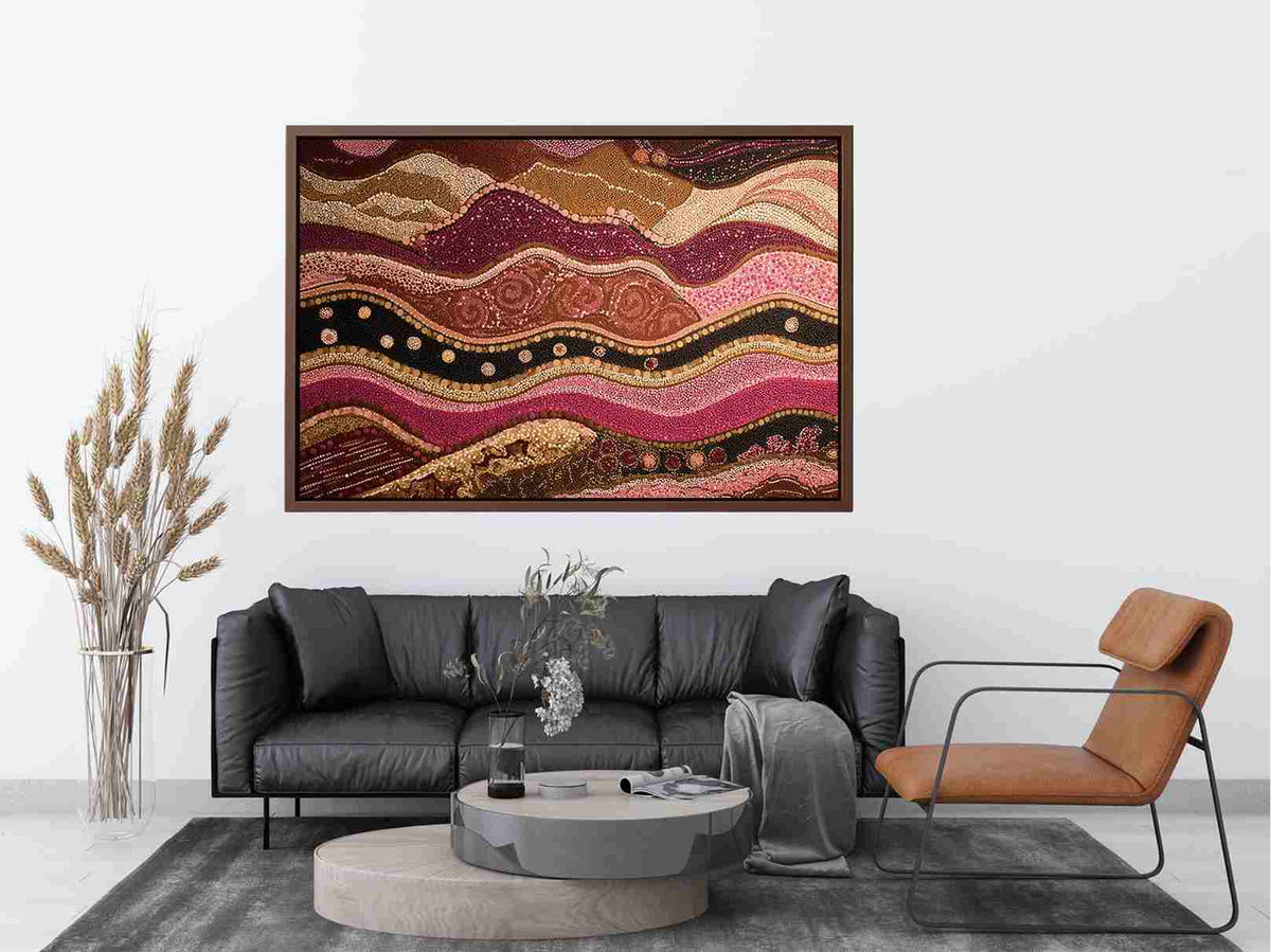 Earthy dotted abstract canvas art with flowing brown and magenta bands for living room decor.