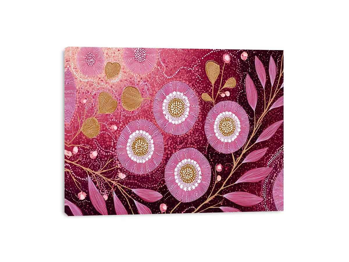 Magenta floral botanical canvas art with gold stems for elegant bedroom wall decor.