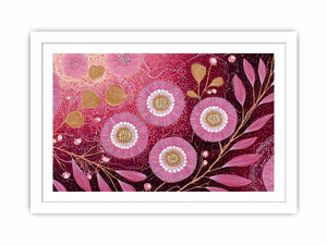 Magenta floral botanical canvas art with gold stems for elegant bedroom wall decor.