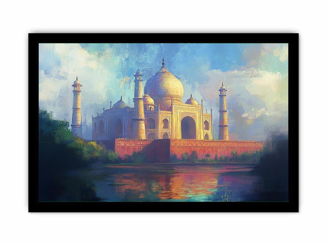 Impressionist Taj Mahal canvas art with reflection for elegant living room decor.