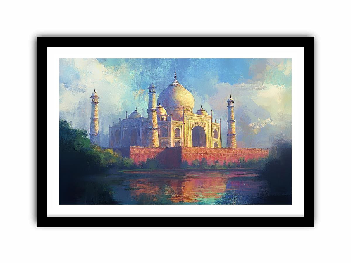 Impressionist Taj Mahal canvas art with reflection for elegant living room decor.