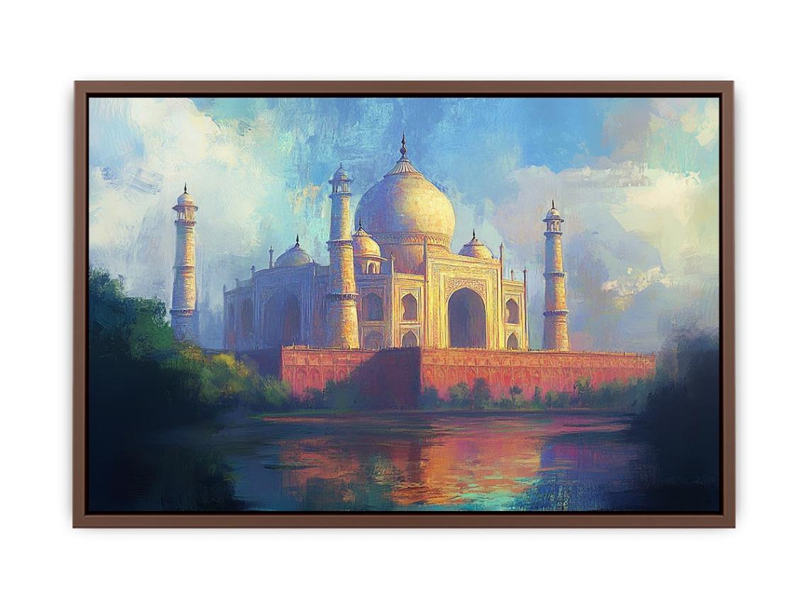 Impressionist Taj Mahal canvas art with reflection for elegant living room decor.