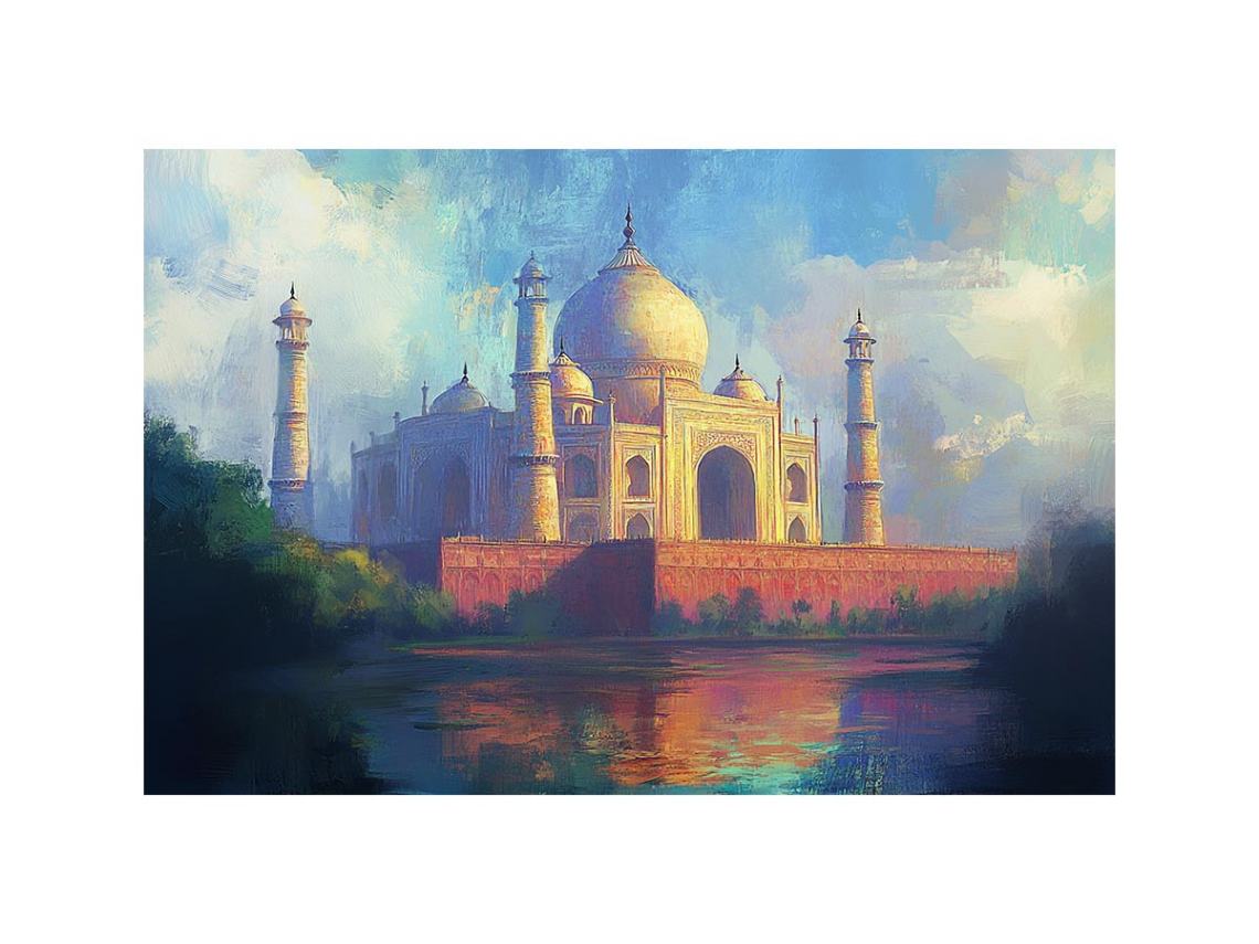 Impressionist Taj Mahal canvas art with reflection for elegant living room decor.