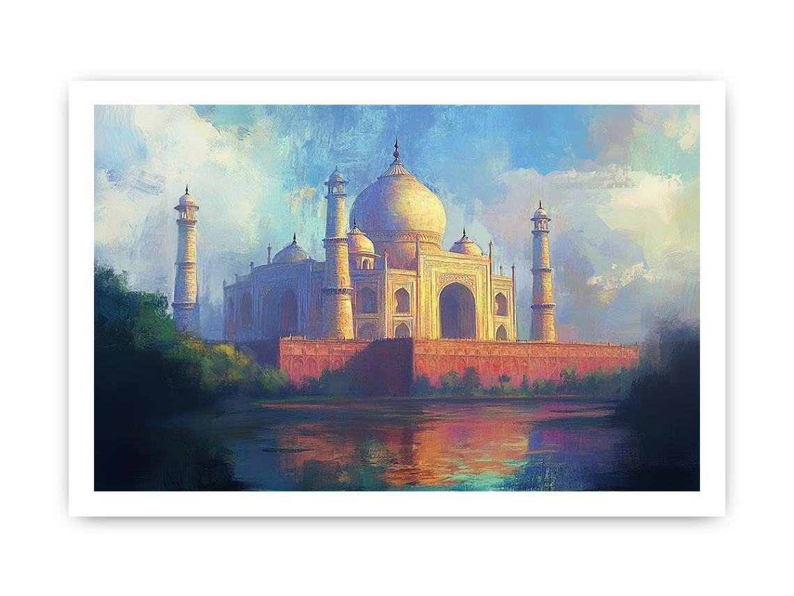 Impressionist Taj Mahal canvas art with reflection for elegant living room decor.