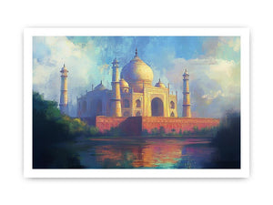 Impressionist Taj Mahal canvas art with reflection for elegant living room decor.