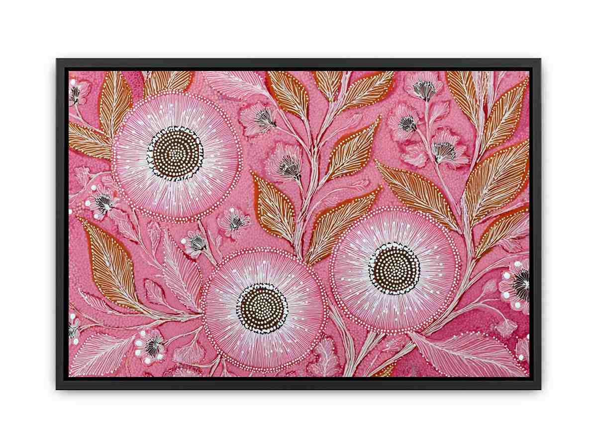 Pink botanical canvas art with dotted flowers and ochre leaves for modern living room decor.