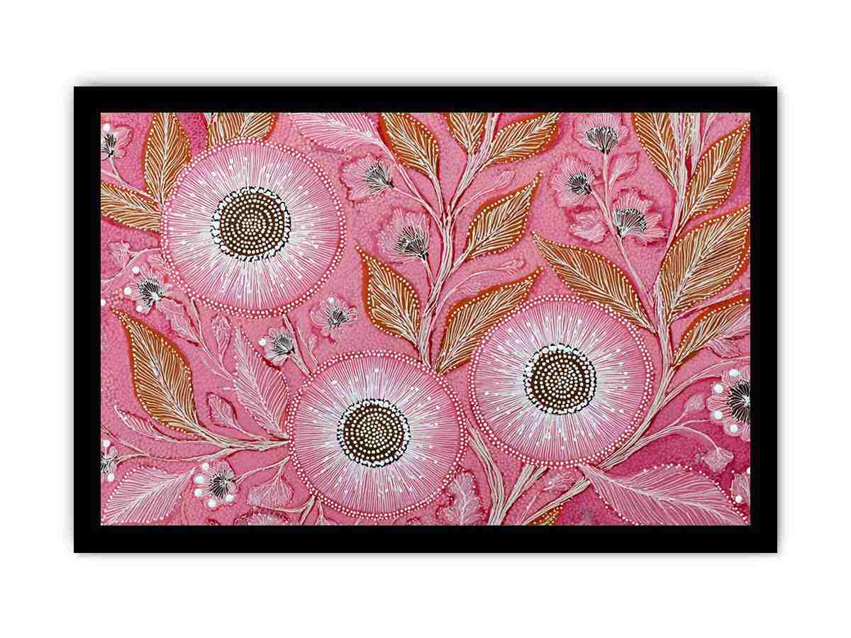 Pink botanical canvas art with dotted flowers and ochre leaves for modern living room decor.